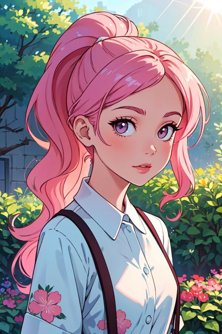 388450-788721167-(masterpiece, best quality),1girl,wavy hair,looking at viewer,upper body,suspenders,floral print,ponytail,pink hair,sunlight,sce.png
